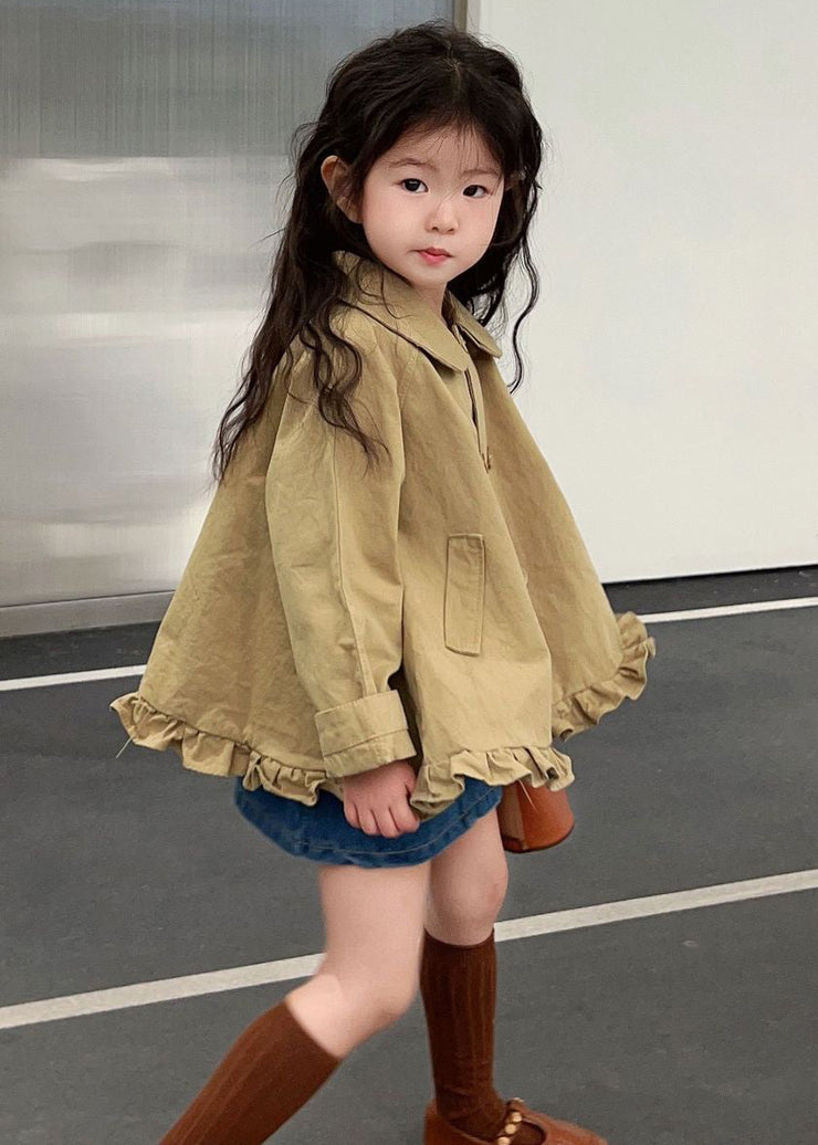 New Khaki Peter Pan Collar Ruffled Button Cotton Girls Coats Spring