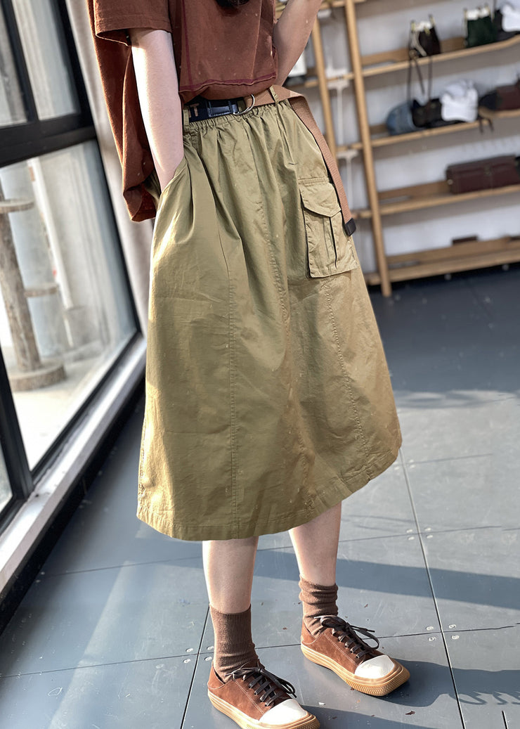 New Khaki Pockets Elastic Waist Cotton Skirt Summer