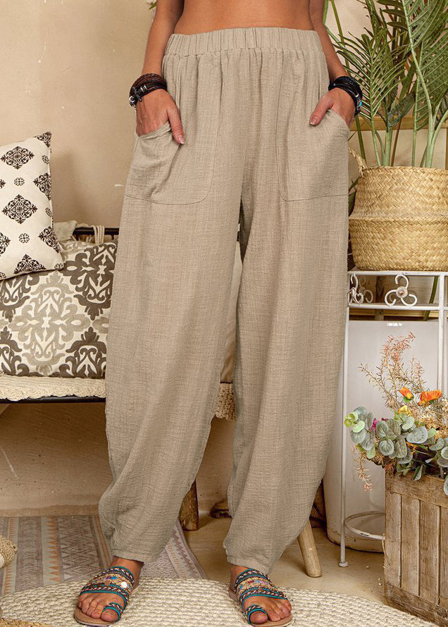 New Khaki Pockets Elastic Waist Linen Pants Summer