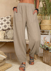 New Khaki Pockets Elastic Waist Linen Pants Summer