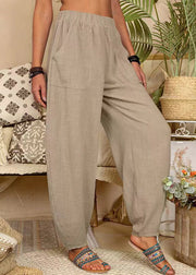 New Khaki Pockets Elastic Waist Linen Pants Summer