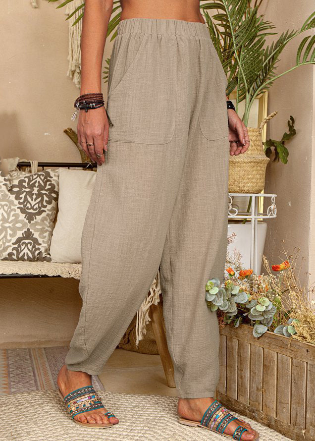 New Khaki Pockets Elastic Waist Linen Pants Summer