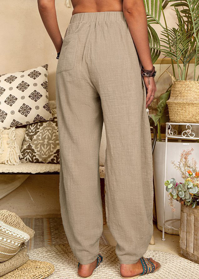 New Khaki Pockets Elastic Waist Linen Pants Summer