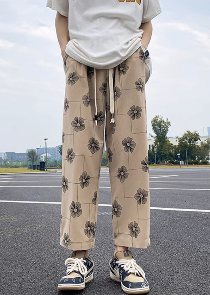 New Khaki Print Elastic Waist Cotton Men Crop Pants Summer