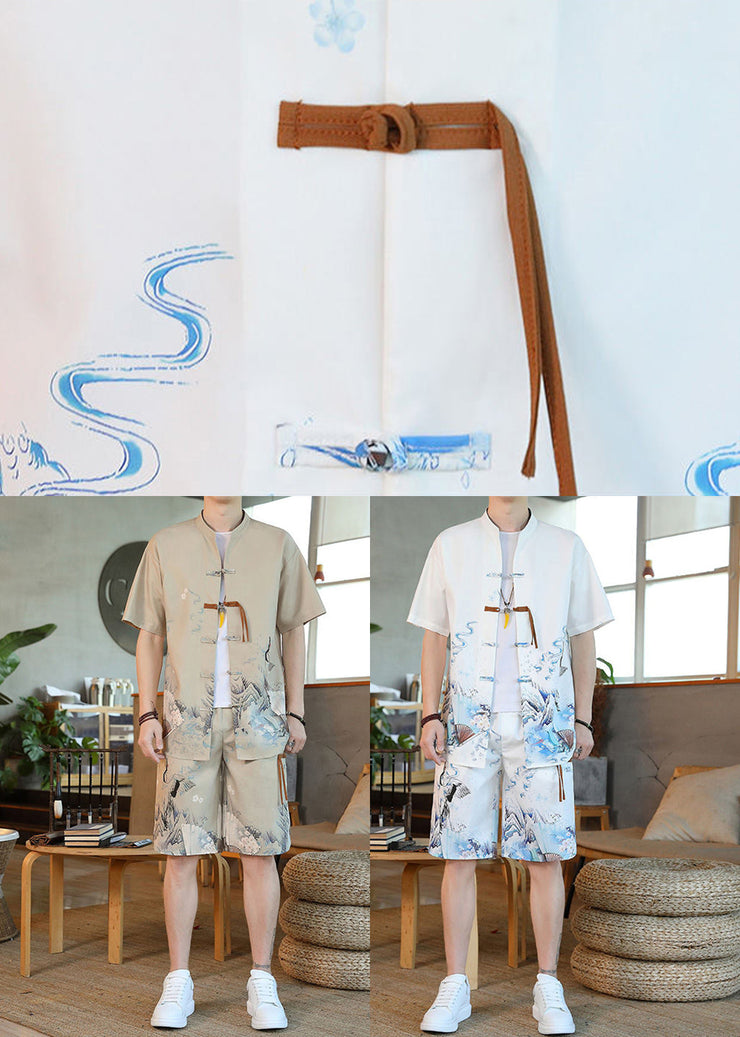 New Khaki Print Men Moisture Wicking Ice Silk Shirt And Shorts Two Pieces Set Short Sleeve