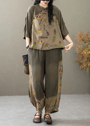 New Khaki Print Pockets Patchwork Denim Two Pieces Set Half Sleeve