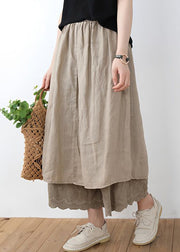 New Khaki Side Open Elastic Waist Linen Pants Skirt Summer