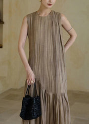 New Khaki Solid Wrinkled Patchwork Cotton Long Dresses Sleeveless