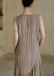 New Khaki Solid Wrinkled Patchwork Cotton Long Dresses Sleeveless