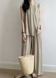 New Khaki Tops And Pants Cotton Two Pieces Set Summer