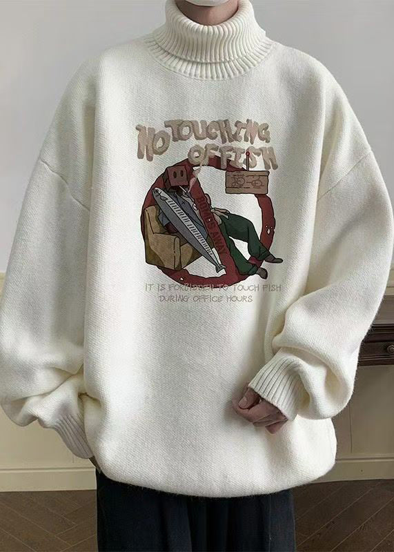 New Khaki Turtleneck Print Cozy Knit Men Sweaters Winter