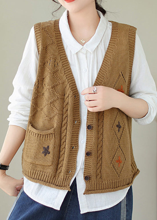 New Khaki V Neck Embroideried Knit Vest Sleeveless