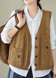 New Khaki V Neck Embroideried Knit Vest Sleeveless