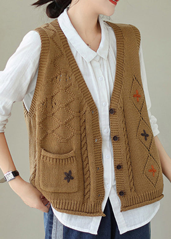 New Khaki V Neck Embroideried Knit Vest Sleeveless