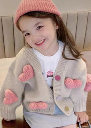 New Khaki V Neck Love Cotton Knit Girls Cardigan Spring