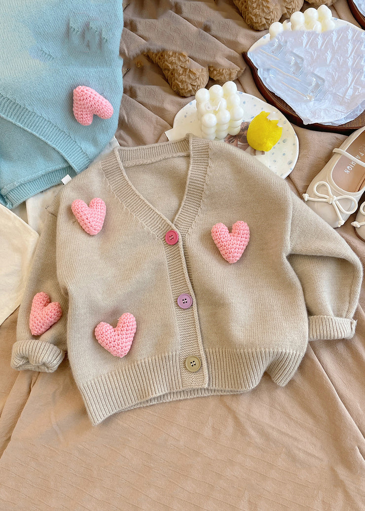 New Khaki V Neck Love Cotton Knit Girls Cardigan Winter