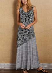 New Khaki V Neck Print Patchwork Cotton Dress Sleeveless