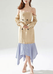 New Khaki Zippered Removable Sleeves Patchwork Cotton Dresses Long Sleeve