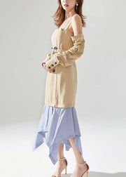 New Khaki Zippered Removable Sleeves Patchwork Cotton Dresses Long Sleeve