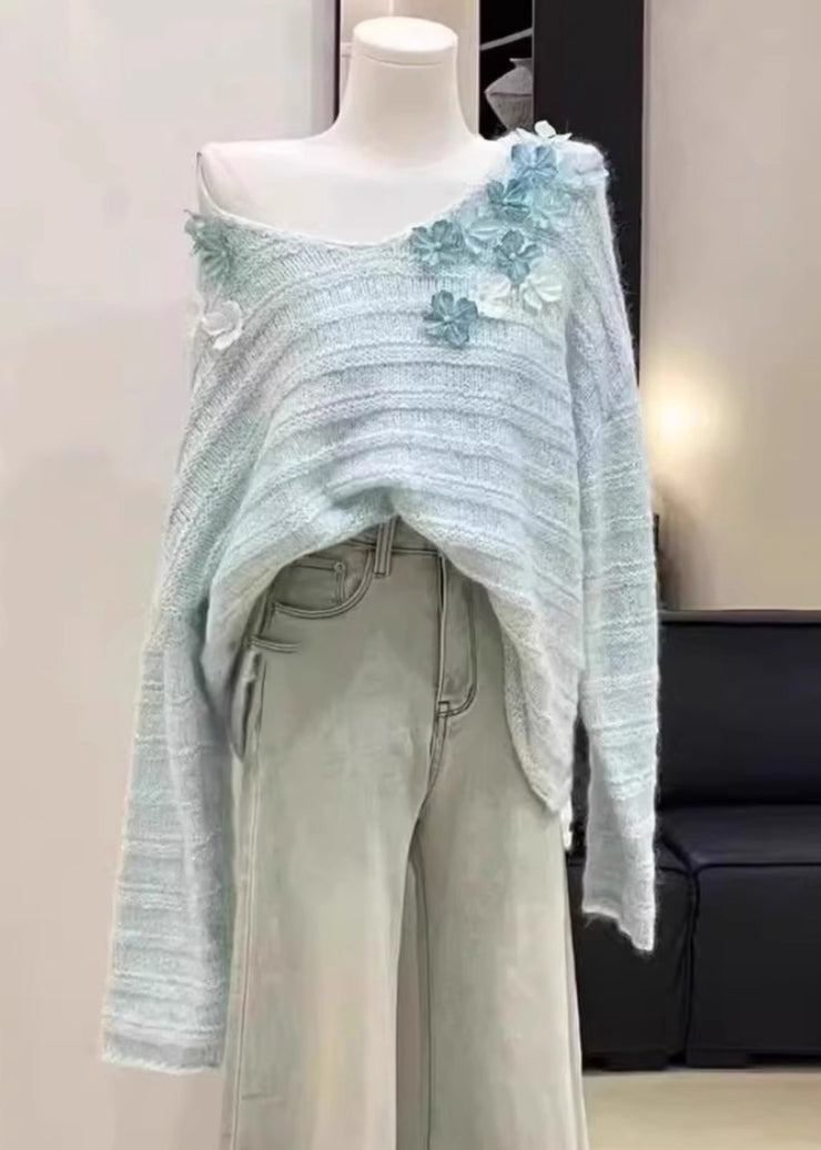 New Light Blue Cold Shoulder Floral Knit Sweaters Spring