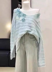 New Light Blue Cold Shoulder Floral Knit Sweaters Spring