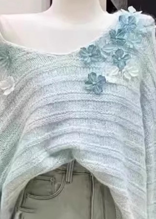 New Light Blue Cold Shoulder Floral Knit Sweaters Winter