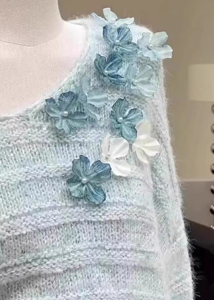 New Light Blue Cold Shoulder Floral Knit Sweaters Spring