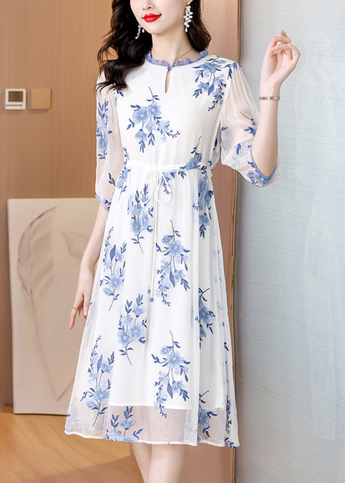 New Light Blue Ruffled Print Drawstring Chiffon Dresses Summer