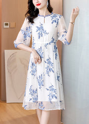 New Light Blue Ruffled Print Drawstring Chiffon Dresses Summer