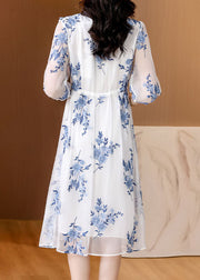 New Light Blue Ruffled Print Drawstring Chiffon Dresses Summer