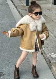 New Light Camel Fur Collar Patchwork Girls Leather And Fur Coats Winter