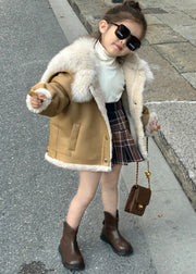 New Light Camel Fur Collar Patchwork Girls Leather And Fur Coats Winter