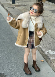 New Light Camel Fur Collar Patchwork Girls Leather And Fur Coats Winter