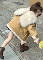 New Light Camel Fur Collar Patchwork Girls Leather And Fur Coats Winter