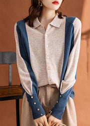 New Light Camel Peter Pan Collar Button Patchwork Knit Top Long Sleeve