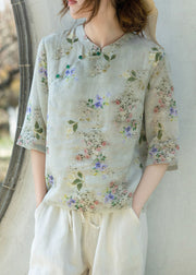 New Light Green Button Print Linen Blouses Half Sleeve