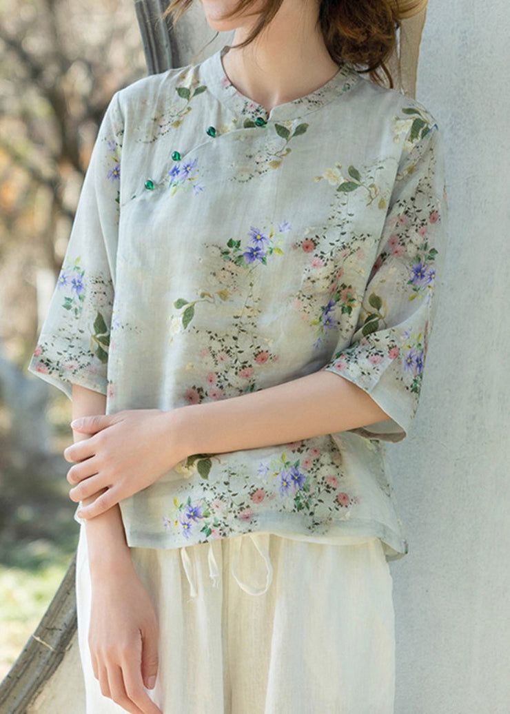 New Light Green Button Print Linen Blouses Half Sleeve