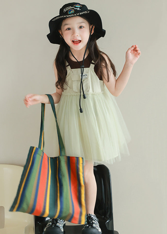 New Light Green Ruffled Tulle Patchwork Girls Mid Dress Sleeveless