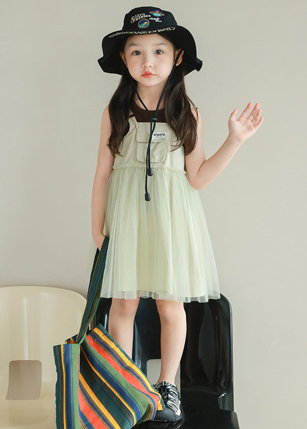 New Light Green Ruffled Tulle Patchwork Girls Mid Dress Sleeveless