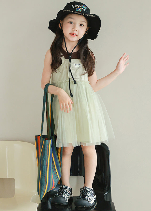 New Light Green Ruffled Tulle Patchwork Girls Mid Dress Sleeveless