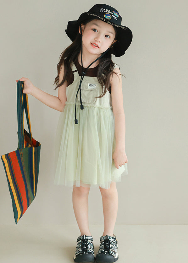 New Light Green Ruffled Tulle Patchwork Girls Mid Dress Sleeveless