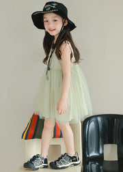 New Light Green Ruffled Tulle Patchwork Girls Mid Dress Sleeveless