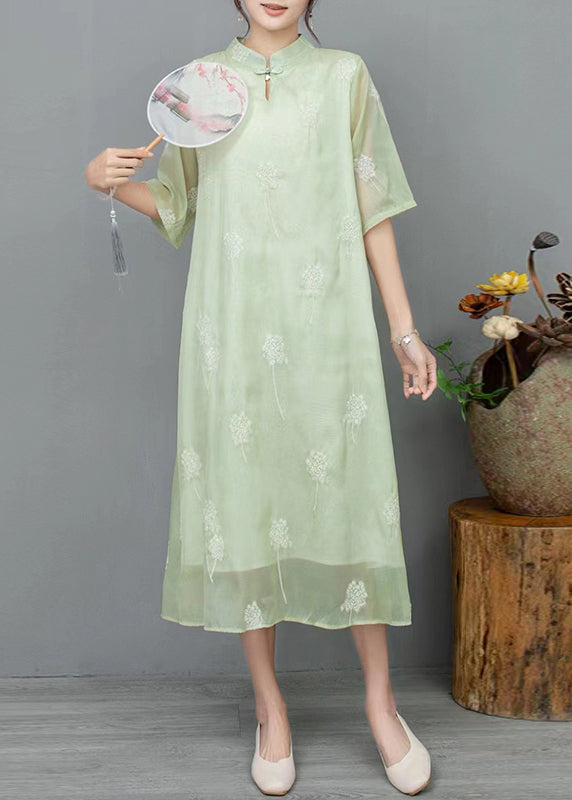 New Light Green Stand Collar Embroidered Linen Dress Half Sleeve