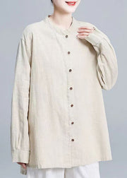 New Linen Stand CollarButton Patchwork Linen Shirt Tops Fall