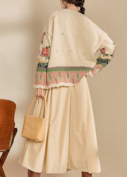 New Loose Beige Embroidered Button Knit Cardigans Spring