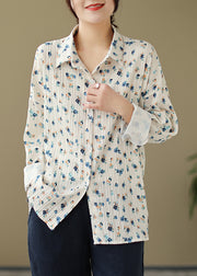 New Loose Beige Peter Pan Collar Print Cotton Shirt Spring