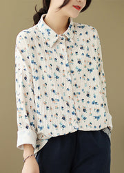 New Loose Beige Peter Pan Collar Print Cotton Shirt Spring