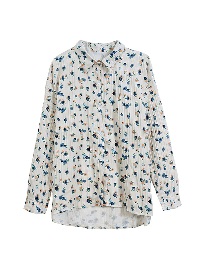 New Loose Beige Peter Pan Collar Print Cotton Shirt Spring