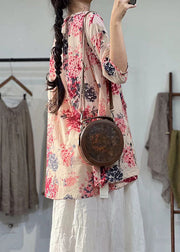 New Loose Pink Print Lace Up Linen Shirts Top Summer