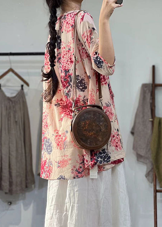 New Loose Pink Print Lace Up Linen Shirts Top Summer